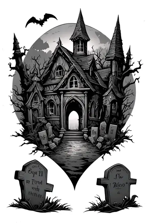 Horror  graveyard  scenery tattoo design idea