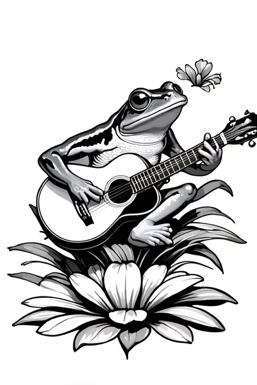coqui frog playing a guitar while sitting on a  flower tattoo design idea