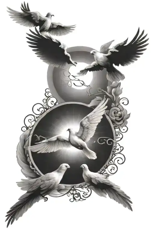 Heaven gates doves flying towards the sun, scripts  tattoo design idea