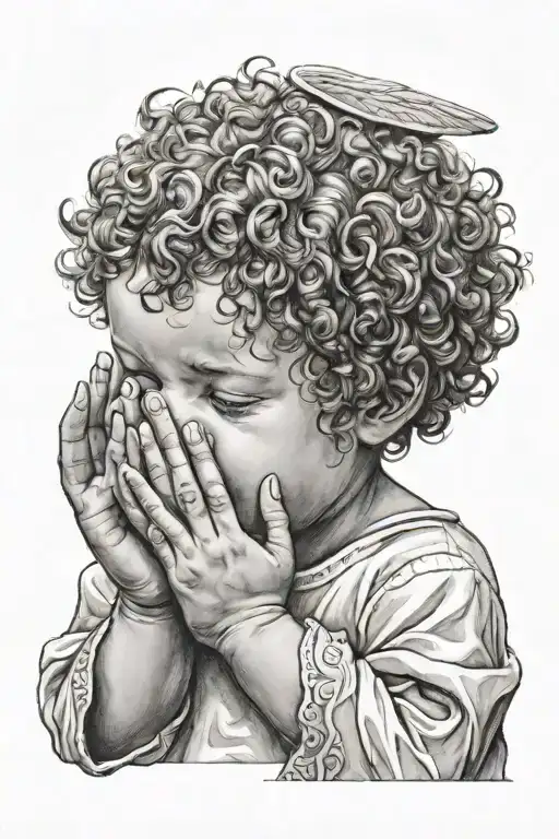 A curly-haired baby angel praying with his fingers crossed and eyes closed tattoo design idea