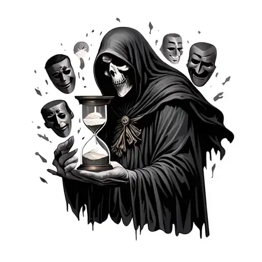 A haunting image of the grim reaper holding an hourglass filled with sand of time, surrounded by drama masks representing the different faces we wear in life tattoo design idea