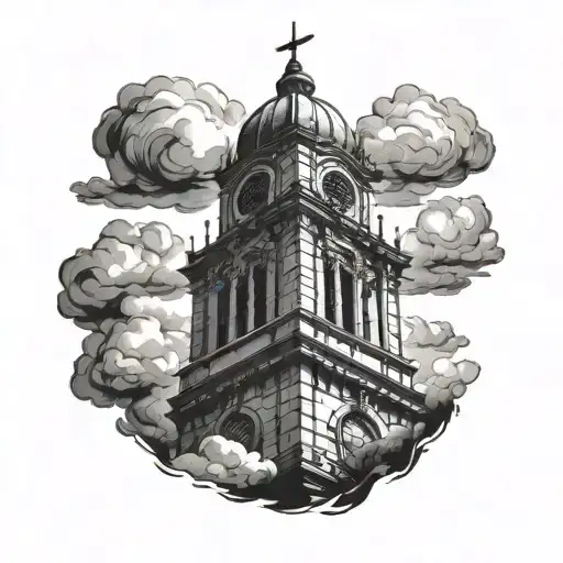 bell tower with clouds tattoo design idea
