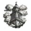 bell tower with clouds tattoo design idea