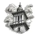 bell tower with clouds tattoo design idea