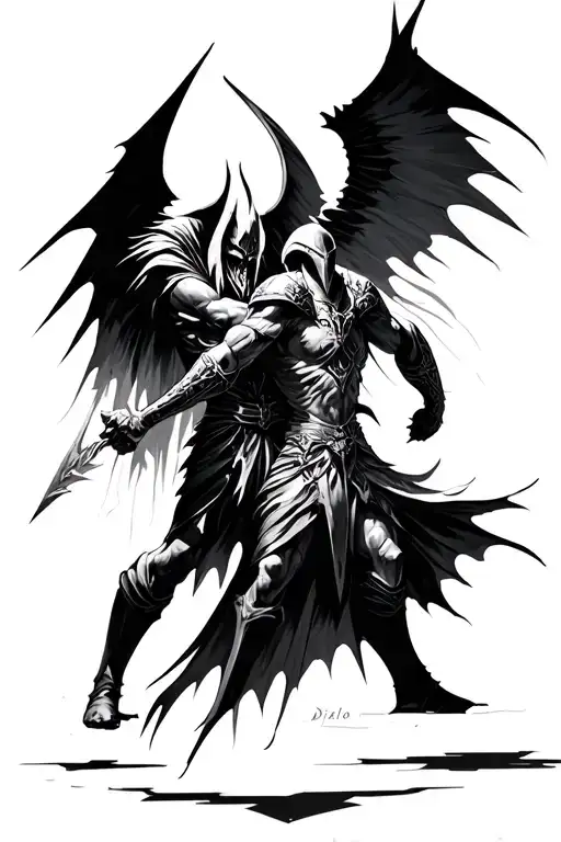 Tyrael vs Diablo from Diablo 3 video game fighting each other tattoo design idea