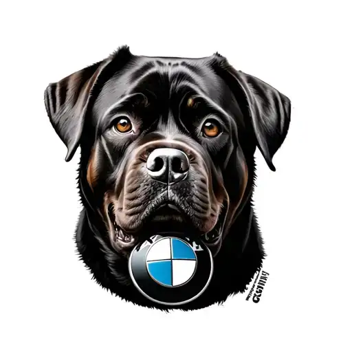 A black and grey portrait of a BMW logo intertwined with a Rottweiler silhouette tattoo design idea