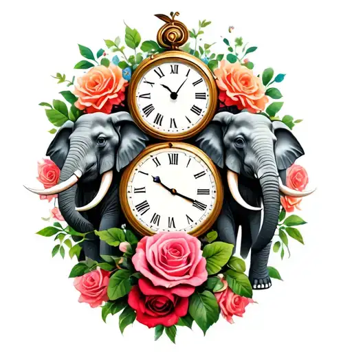 three elephants between two clocks and roses intertwined tattoo design idea