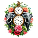 three elephants between two clocks and roses intertwined tattoo design idea