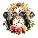 three elephants between two clocks and roses intertwined tattoo design idea