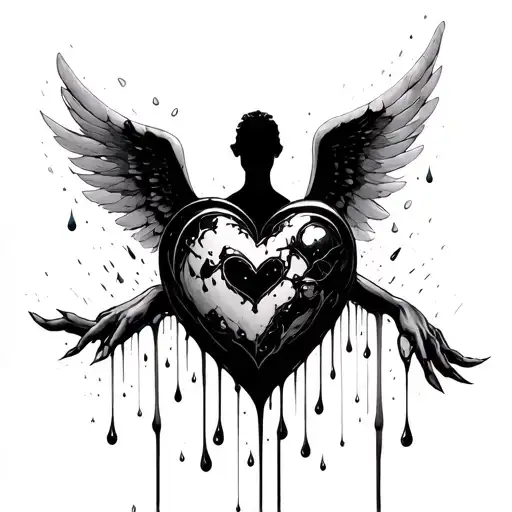 hand and a black heart and a angel shadow with wings spread behind them, all as a wet painting with drops tattoo design idea