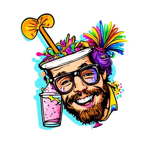 HIPSTER, TRADIE & MARDI GRAS @ THE SAME TIME morphed into a retro fun crazy milkshake man tattoo design idea