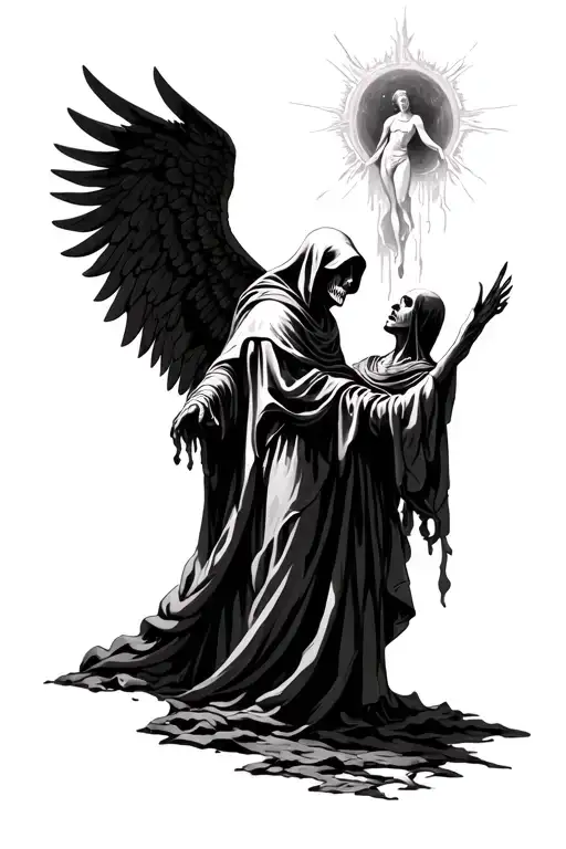  A grim reaper on one shoulder blade, an angel or figure of light on the other. They both reach toward a soul in the mid tattoo design idea