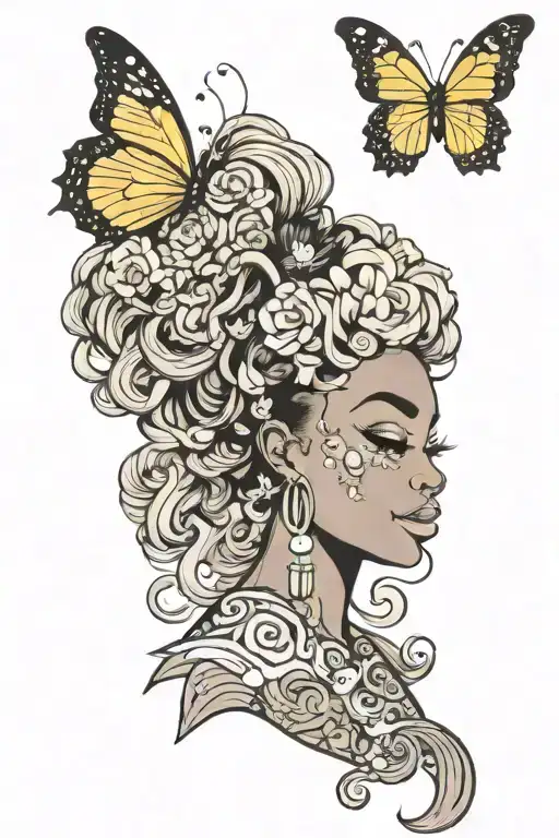 butterfly mermaid afro hair tattoo design idea