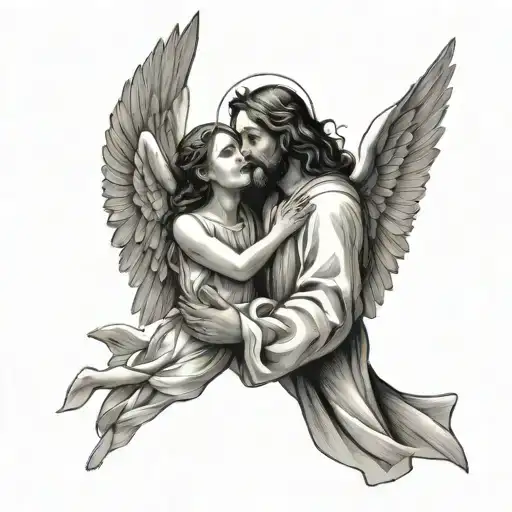 Jesus kissing a angel with wings tattoo design idea
