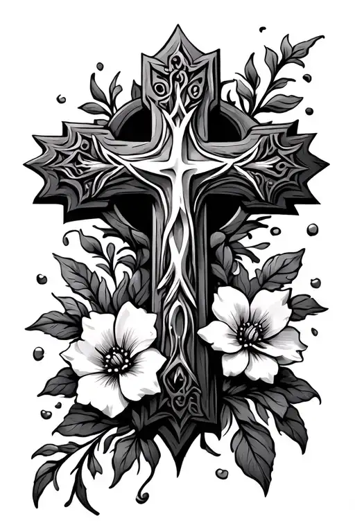 medieval Christian Cross with flowers tattoo design idea