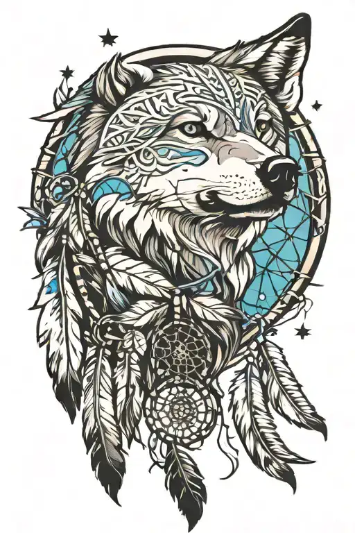 Native American wolf with dream catcher entangled and the desert sky tattoo design idea