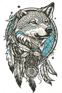 Native American wolf with dream catcher entangled and the desert sky tattoo design idea