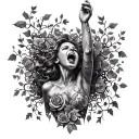 Woman made of metal pieces, facing upwards, screaming, one arm reaching upwards. Ivy vines and roses. tattoo design idea
