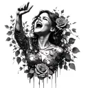 Woman made of metal pieces, facing upwards, screaming, one arm reaching upwards. Ivy vines and roses. tattoo design idea