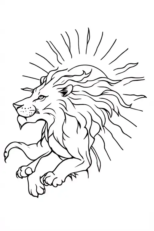 female lion, sun, running tattoo design idea