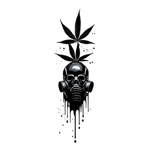 composition,black robot skull with gas mask,marijuana leaves in the background,dripping blood tattoo design idea