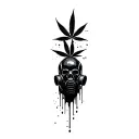 composition,black robot skull with gas mask,marijuana leaves in the background,dripping blood tattoo design idea