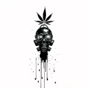 composition,black robot skull with gas mask,marijuana leaves in the background,dripping blood tattoo design idea