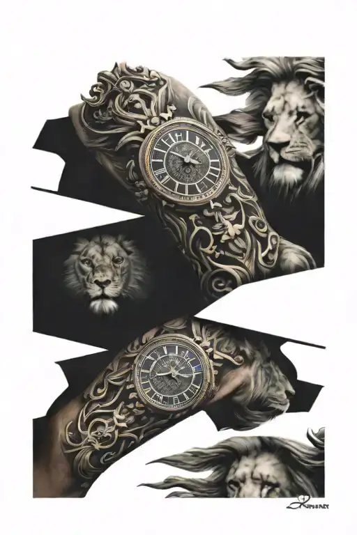 lions face with roman clock tattoo design idea