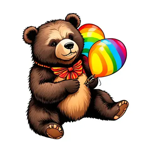 a bear sitting holding a rainbow colored heart balloon tattoo design idea