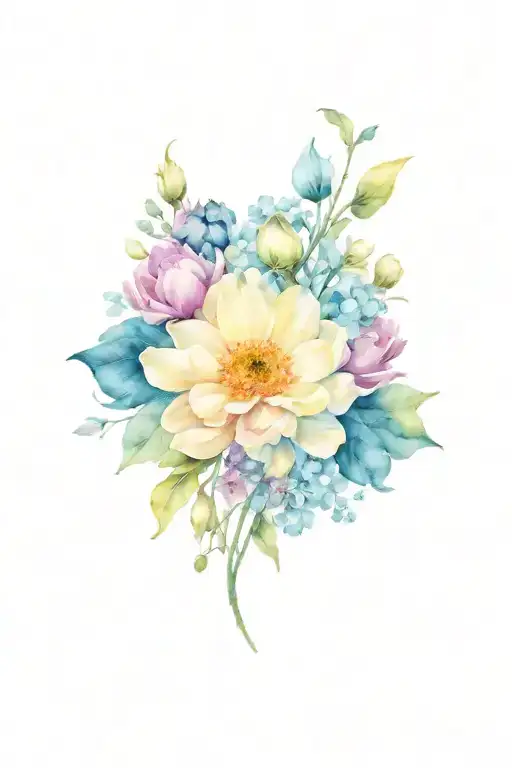Long sleeve tattoo, flowers on top - peonies, gerberas, hydrangeas in blue, turquoise, then fruits - bananas, apples, etc. tattoo design idea