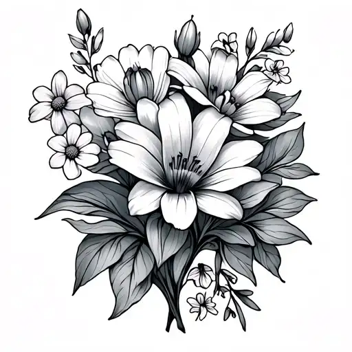 fine line tattoo with lily valley, daisy, iris, primrose, narcissus, morning glory, water lily, and violet flower tattoo design idea