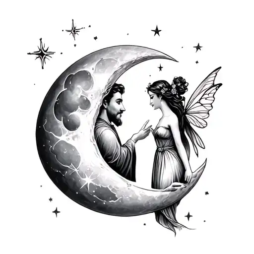 Man in the moon (husband) with moon fairy (wife) reaching for a star tattoo design idea