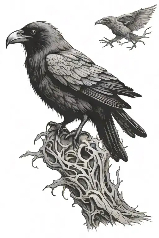 hugin and munin raven perched tattoo design idea