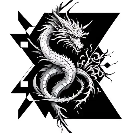 Intricate fine line illustrations featuring a harmonious blend of geometric shapes intertwined with delicate dragons and tattoo design idea