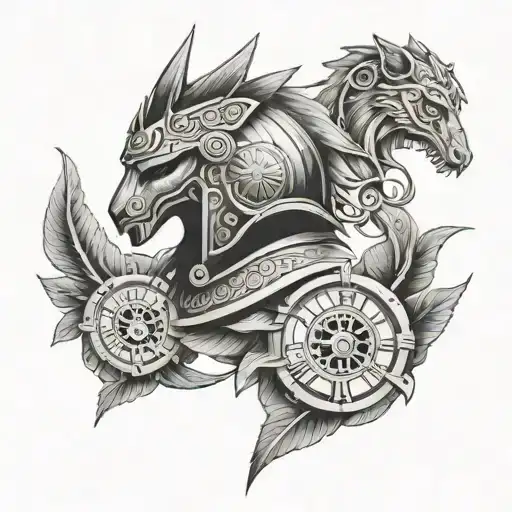 Nordic tattoo over the upper arm, chest and back - Spartan helmet with wolf heads and Roman clock tattoo design idea