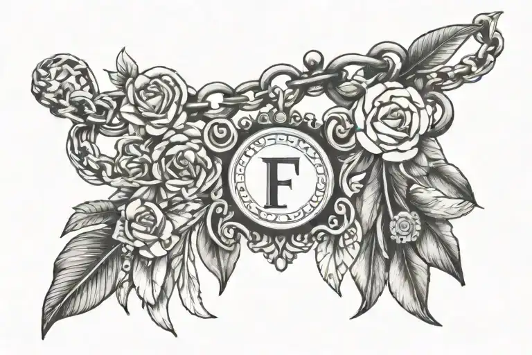 dainty charm bracelet style tattoo, including charm with letter 'F' tattoo design idea