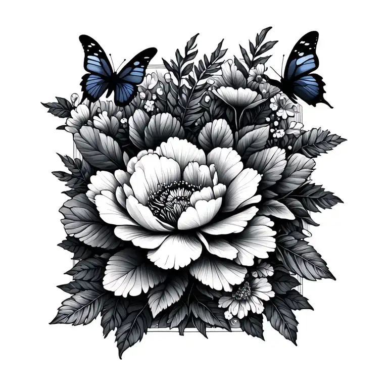 little stitch and peonies and butterflies and leafs tattoo design idea