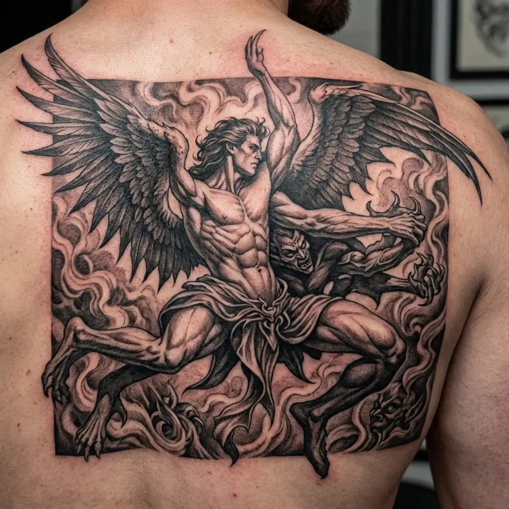 angles vs demons war tattoo design idea