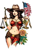 vintage sailor Jerry style full body cowgirl lady justice tattoo design idea