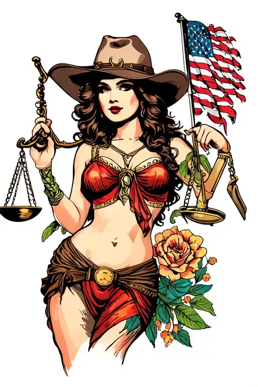 vintage sailor Jerry style full body cowgirl lady justice tattoo design idea