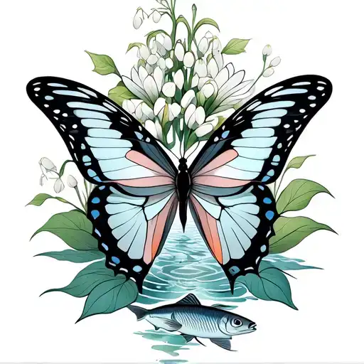 Aquarius and Pisces butterfly intertwined surrounded by water lily of the valley and fish tattoo design idea