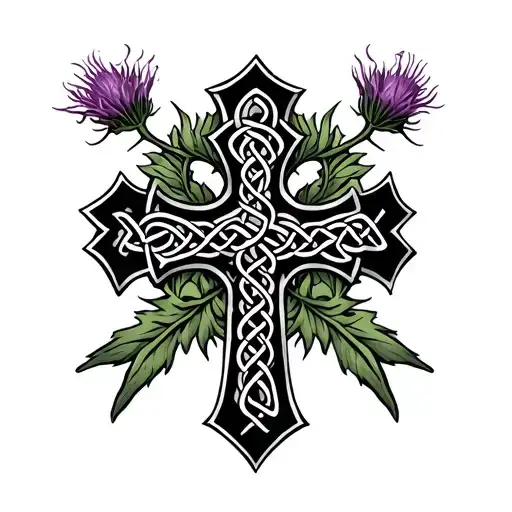 Celtic cross intertwined with scottish thistle tattoo design idea