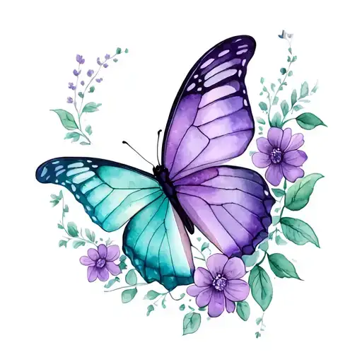 a half purple and half teal butterfly with vines and flowers tattoo design idea