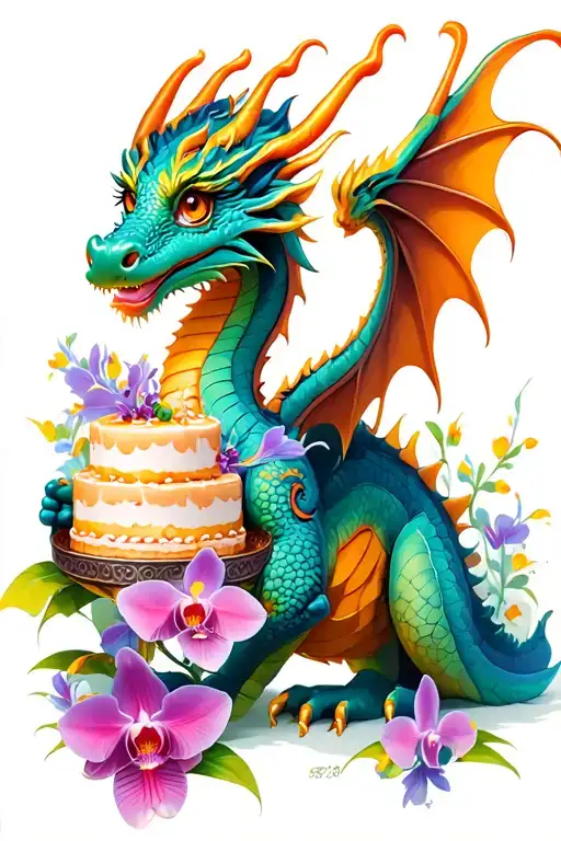 Colorful dragon holding a cake with orchid embellishments tattoo design idea