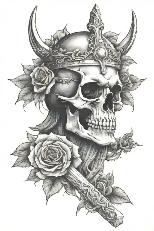 sword stabbing skull, wearing a viking crown, surrounded by roses tattoo design idea