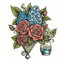 beaker with a bouquet of roses and hydrangeas tattoo design idea