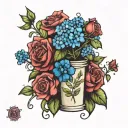 beaker with a bouquet of roses and hydrangeas tattoo design idea