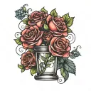 beaker with a bouquet of roses and hydrangeas tattoo design idea