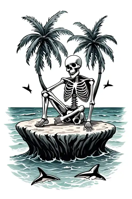 a beach scene with a skeleton sitting on and island with water around it and 2 small shark fins in the water tattoo design idea