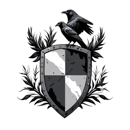 coat of arms shield with a crow perched on top with its wings spread out, and cattail, brances, leaves out the sides tattoo design idea